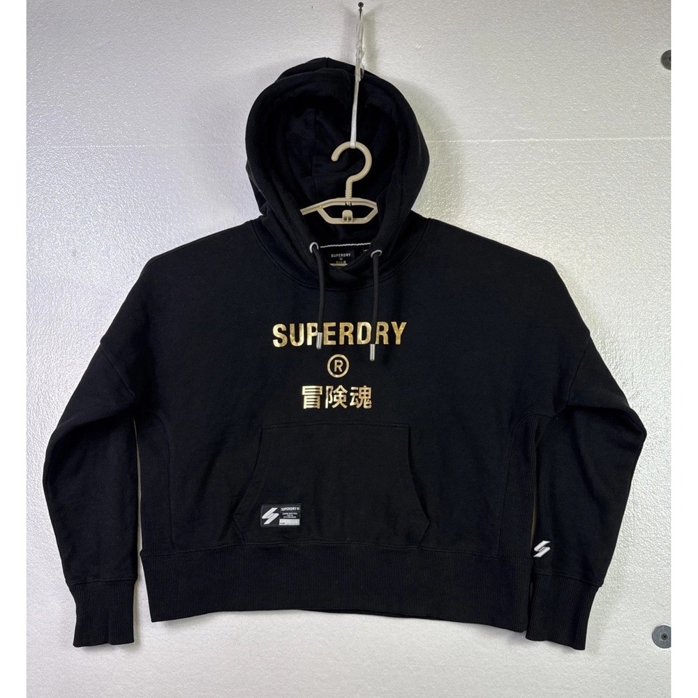 Superdry Vtg Logo Glitter Hoodie Womens Sz US 8 Black Heavy Cotton Pullover